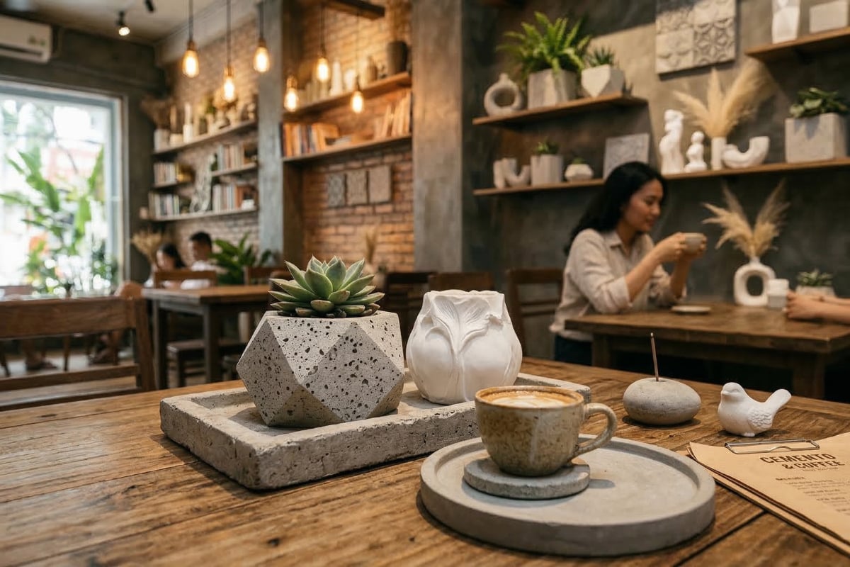 Decor quán cafe với đồ xi măng và thạch cao cho khu vực bàn khách
